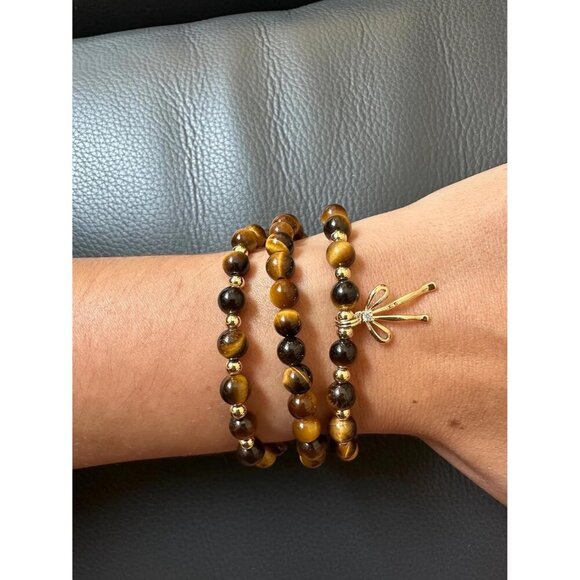 Tiger Eye Flower Handmade Stretch Dainty Bead Bow Charm Bracelet for Women - Picture 6 of 6